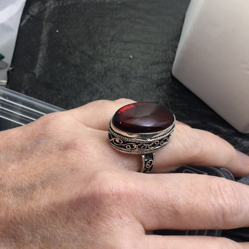 Red Glass Cabochon Ring Sterling Silver Plated Statement Ring Size 7.5